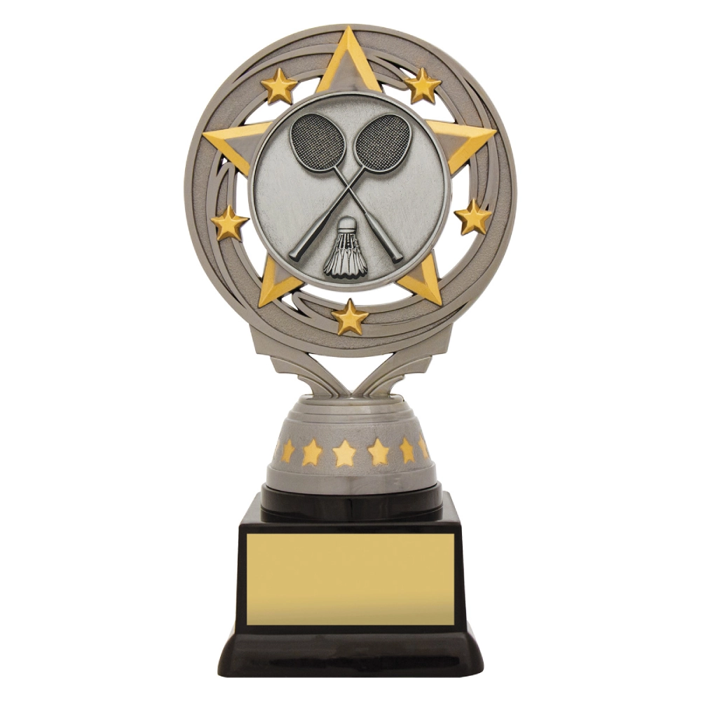 Medium silver and gold badminton trophy with circular star frame and crossed rackets emblem on black base