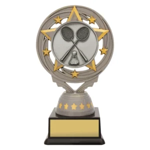 Small silver and gold badminton trophy with circular star frame and crossed rackets emblem on black base