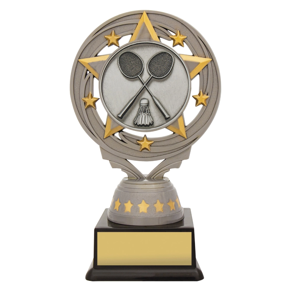 Small silver and gold badminton trophy with circular star frame and crossed rackets emblem on black base