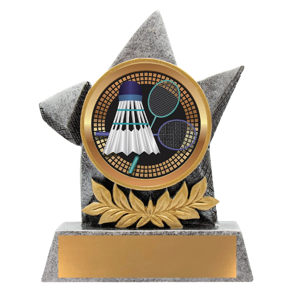 Badminton star resin trophy featuring star-shaped frame with circular colour insert showing shuttlecock and rackets on rectangular base with blank nameplate