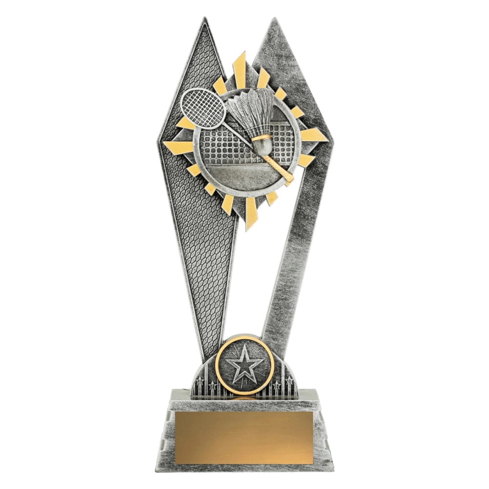 Large badminton resin trophy with silver and gold starburst design featuring racket shuttlecock and net on base with engraving plate