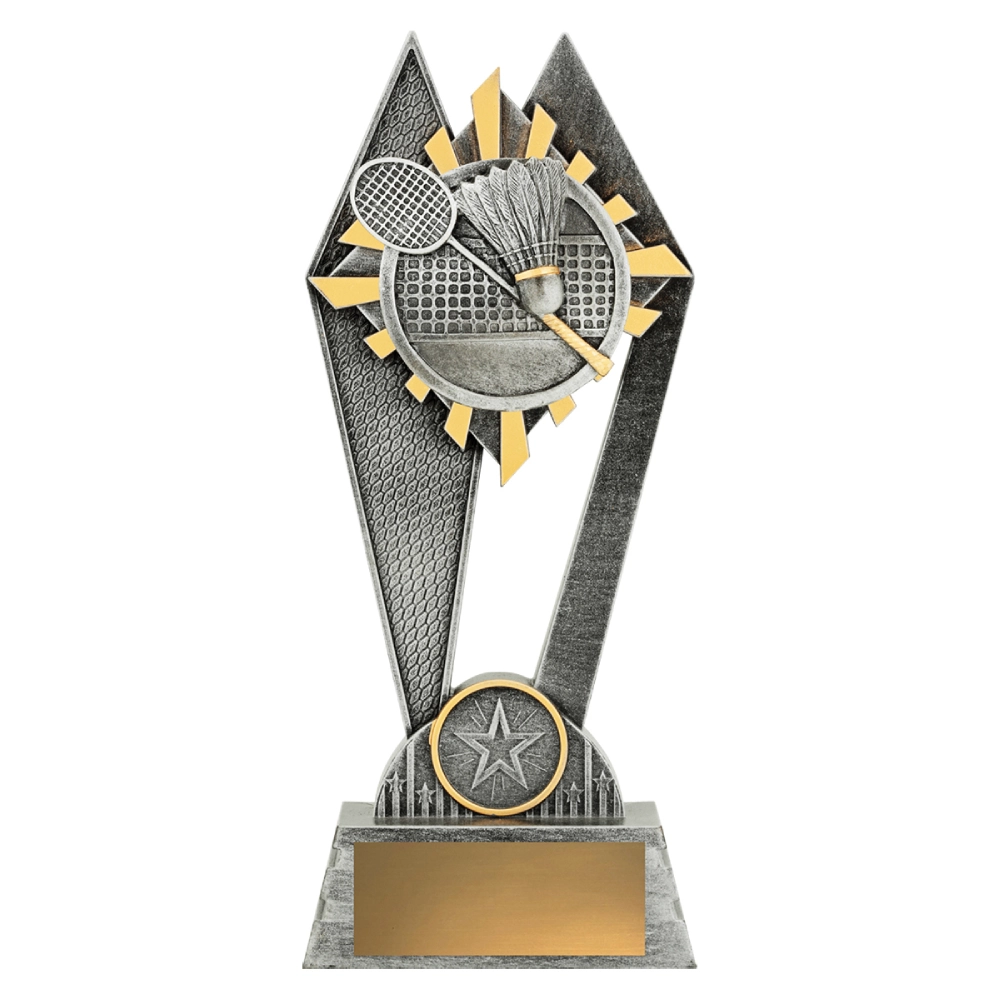 Medium badminton resin trophy with silver and gold starburst design featuring racket shuttlecock and net on base with engraving plate