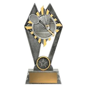Small badminton resin trophy with silver and gold starburst design featuring racket shuttlecock and net on base with engraving plate