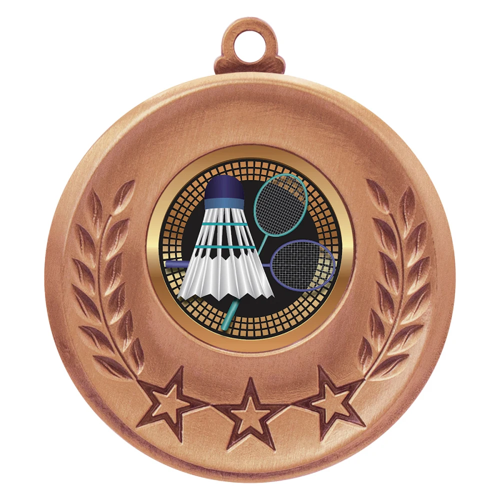 Bronze badminton medal with shuttlecock and crossed rackets centre insert with laurel leaves and three star border