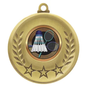 Gold badminton medal with shuttlecock and crossed rackets centre insert with laurel leaves and three star border