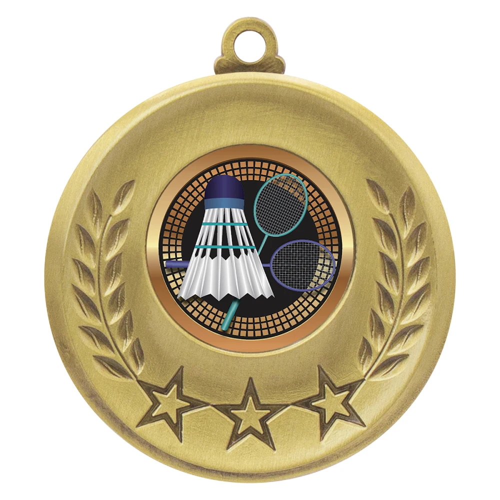 Gold badminton medal with shuttlecock and crossed rackets centre insert with laurel leaves and three star border