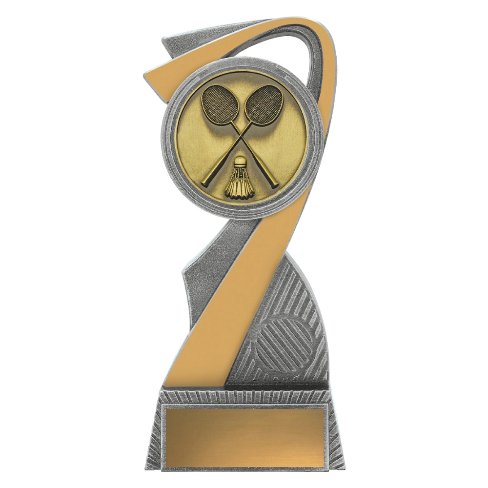 Large badminton resin trophy with swirl design and circular insert showing crossed rackets and shuttlecock on silver and gold base with engraving plate
