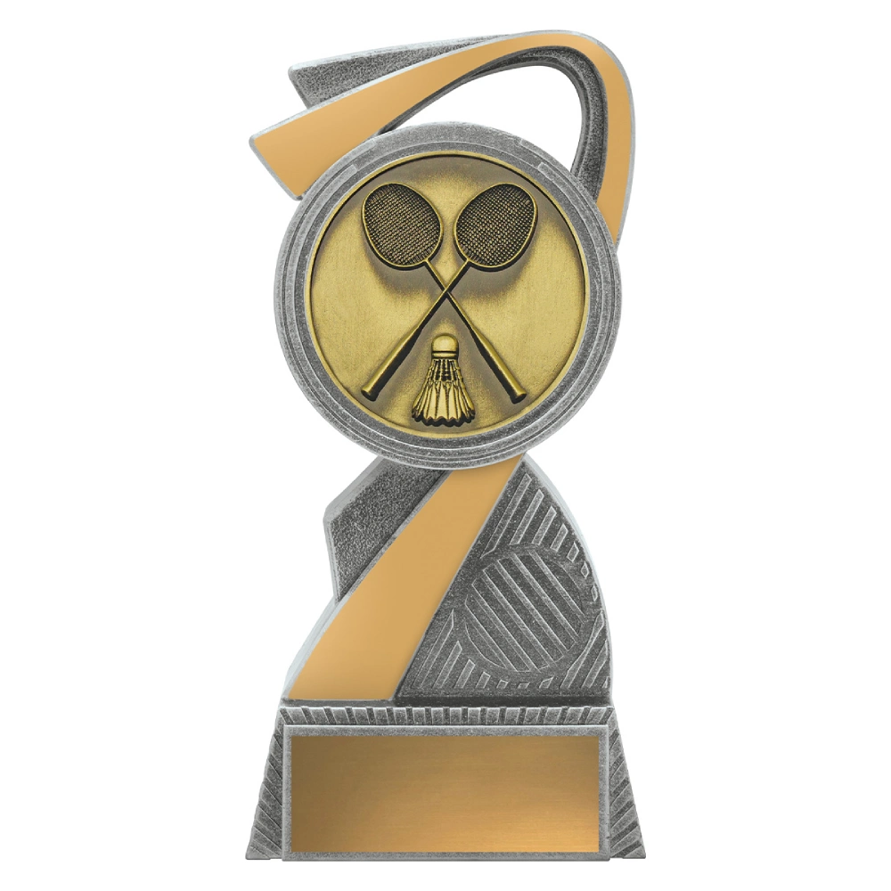 Medium badminton resin trophy with swirl design and circular insert showing crossed rackets and shuttlecock on silver and gold base with engraving plate