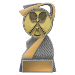 Small badminton resin trophy with swirl design and circular insert showing crossed rackets and shuttlecock on silver and gold base with engraving plate
