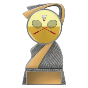 Small badminton swirl resin trophy featuring curved silver and gold frame with circular colour insert showing crossed rackets and shuttlecock on rectangular base with blank nameplate