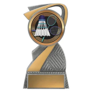 Small badminton swirl resin trophy featuring curved silver and gold frame with circular insert showing shuttlecock and rackets on rectangular base with blank nameplate
