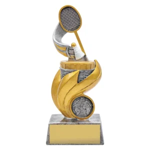 Small gold and silver badminton trophy with racket and shuttlecock design on curved swirl body and engraving base