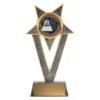 Large badminton V star resin trophy featuring tall V-shaped frame with star points and circular colour insert showing shuttlecock and rackets on rectangular base with blank nameplate