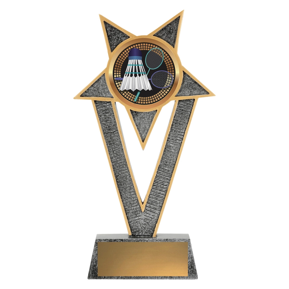 Large badminton V star resin trophy featuring tall V-shaped frame with star points and circular colour insert showing shuttlecock and rackets on rectangular base with blank nameplate