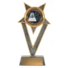 Medium badminton V star resin trophy featuring tall V-shaped frame with star points and circular colour insert showing shuttlecock and rackets on rectangular base with blank nameplate