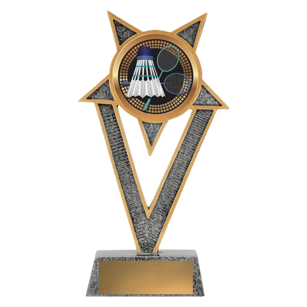 Medium badminton V star resin trophy featuring tall V-shaped frame with star points and circular colour insert showing shuttlecock and rackets on rectangular base with blank nameplate