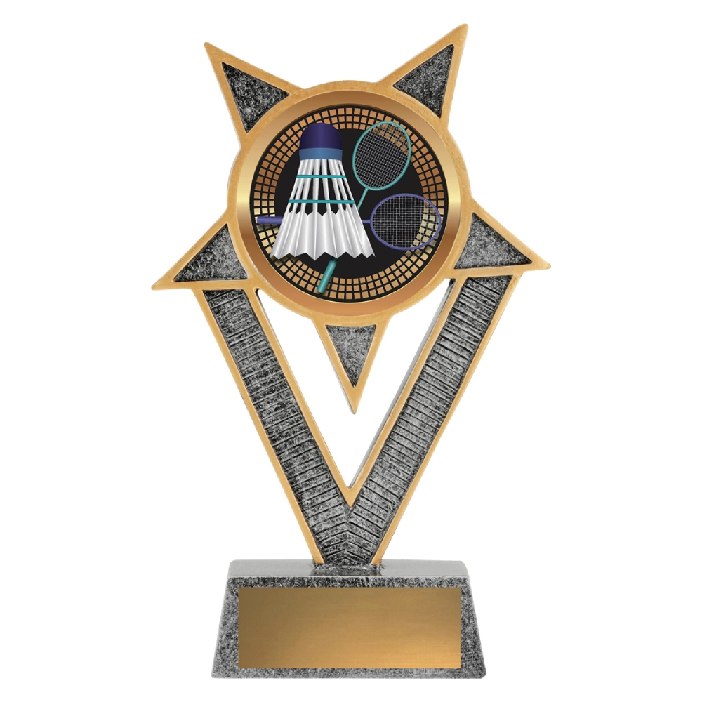 Small badminton V star resin trophy featuring tall V-shaped frame with star points and circular colour insert showing shuttlecock and rackets on rectangular base with blank nameplate