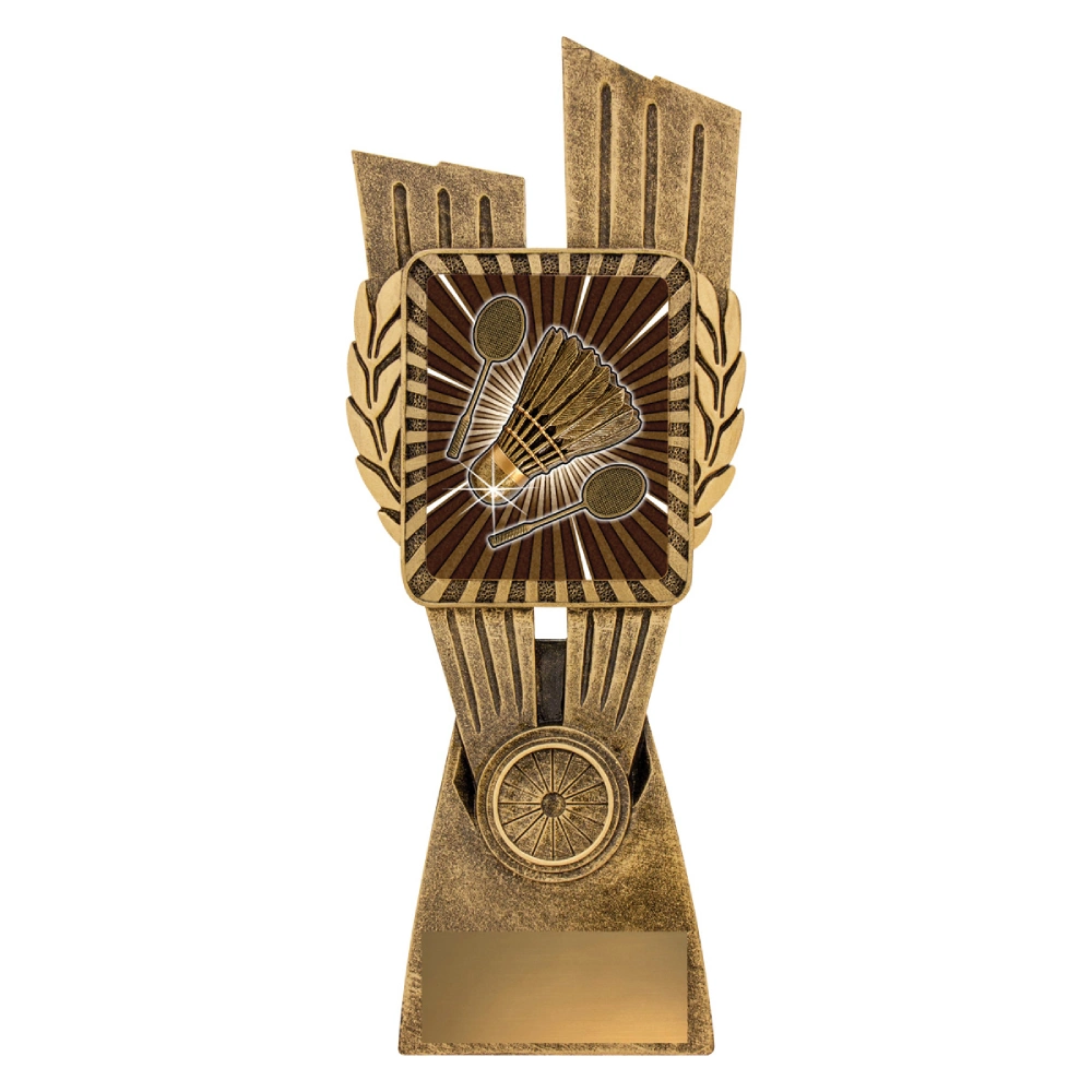 extra large badminton trophy with vintage gold square panel featuring shuttlecock and crossed rackets with sunburst background on base with engraving plate