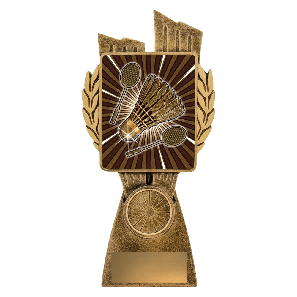 Medium badminton trophy with vintage gold square panel featuring shuttlecock and crossed rackets with sunburst background on base with engraving plate