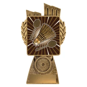 Small badminton trophy with vintage gold square panel featuring shuttlecock and crossed rackets with sunburst background on base with engraving plate