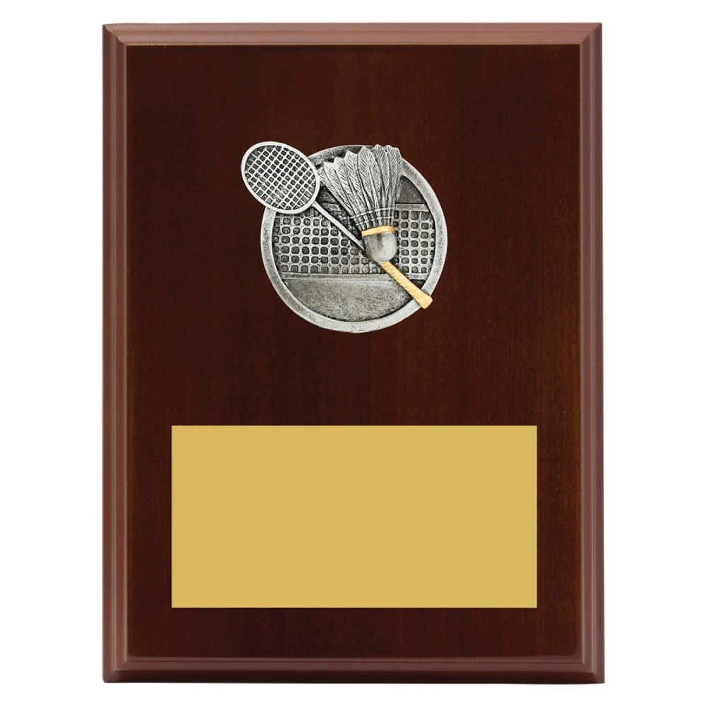 Large wooden badminton plaque with metal racket and shuttlecock emblem and engraving plate