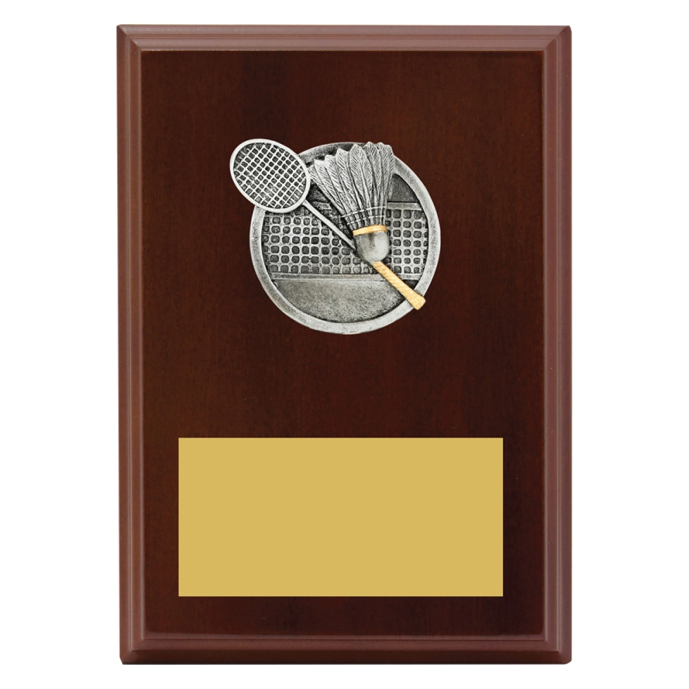 Medium wooden badminton plaque with metal racket and shuttlecock emblem and engraving plate