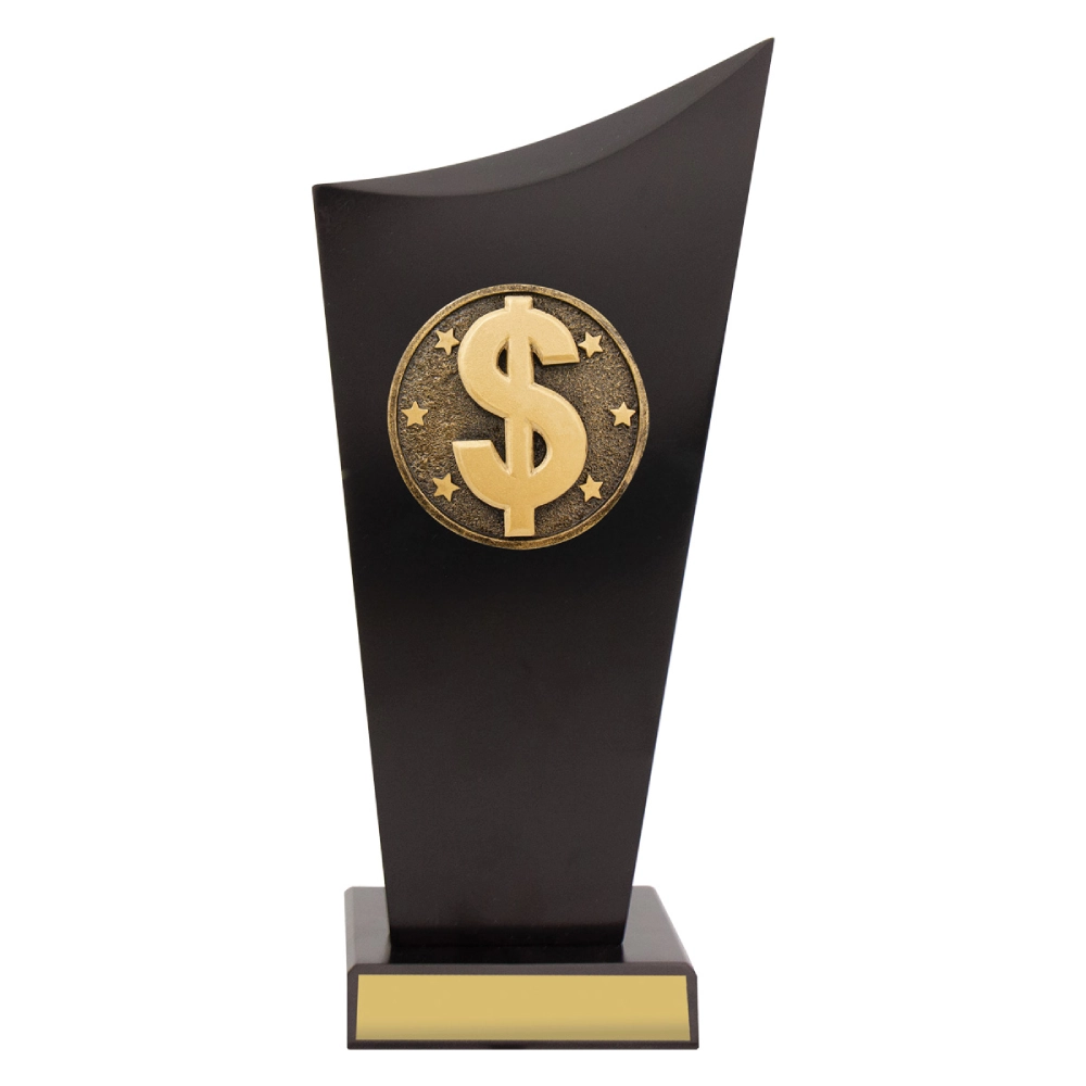 Medium black finance trophy with gold dollar symbol emblem and blank engraving plate