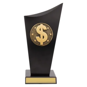 Small black finance trophy with gold dollar symbol emblem and blank engraving plate