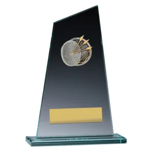 Black glass archery award with angled panel design, silver target and gold arrows emblem, and gold engraving plate on glass base