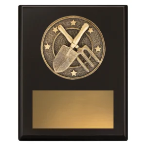 Small black timber gardening plaque with round medallion featuring crossed hand fork and trowel, star border detail and rectangular engraving plate