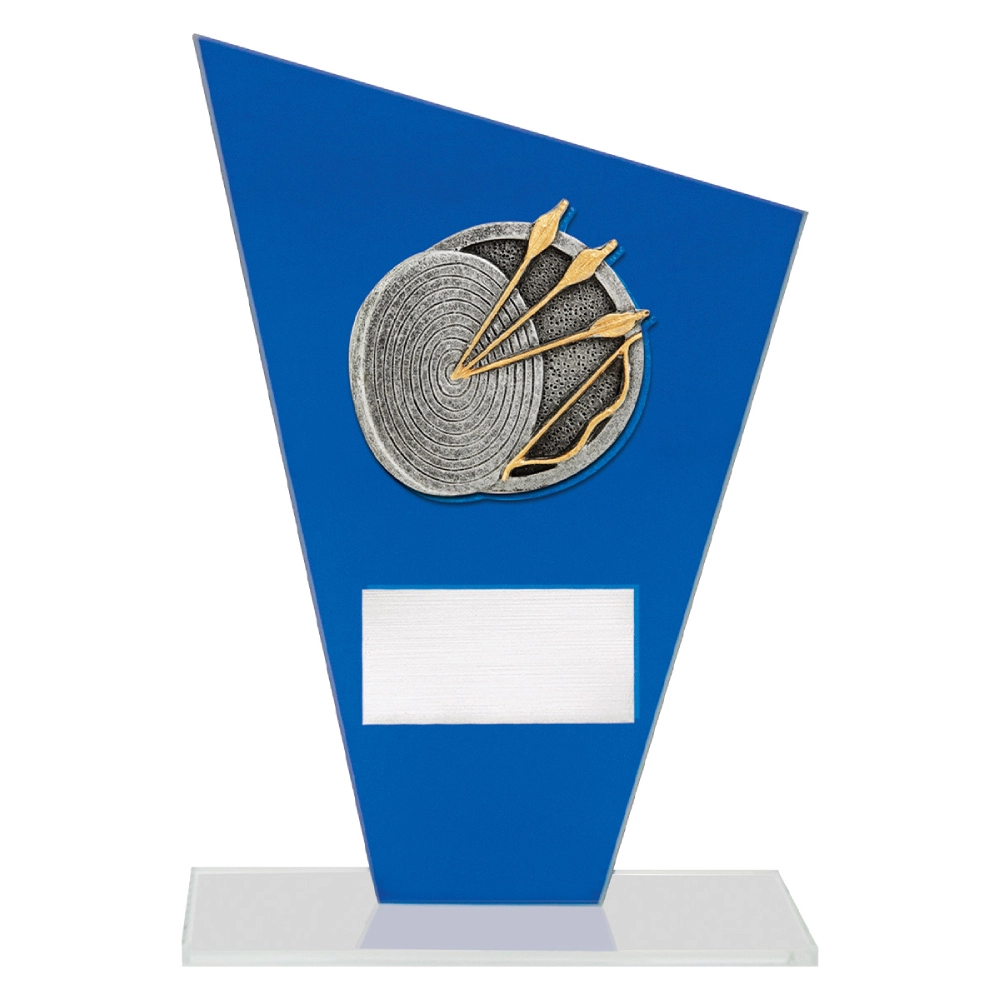 Blue glass archery award with angled panel design, silver target and gold arrows emblem, and engraving plate on clear glass base