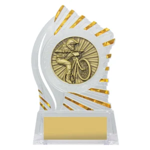 BMX cycling acrylic trophy with rider performing wheelie, clear body with gold radial accents and centre insert on base with engraving plate