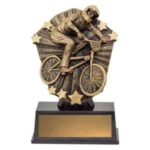 BMX cycling resin trophy with rider on bike, radial burst and star design in antique gold on black base with engraving plate