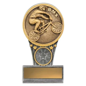 BMX cycling resin trophy with round rider medal, star detail column and silver base with engraving plate