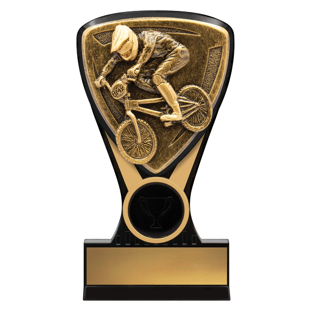 BMX cycling shield resin trophy with rider design in gold on black and gold base with engraving plate