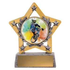BMX star resin trophy with photo insert centre, laurel wreath and star design in gold and silver on base with engraving plate