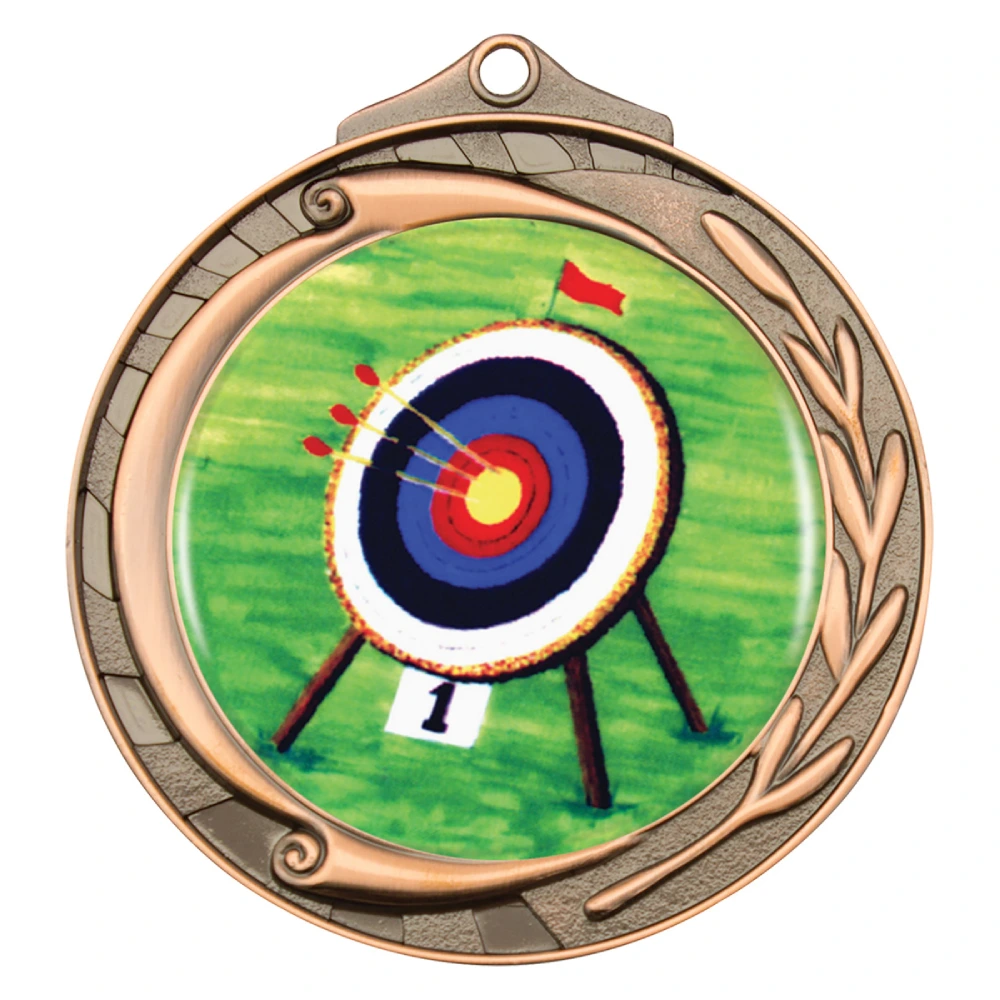 Bronze archery medal with target insert, curved laurel detail and ribbon loop