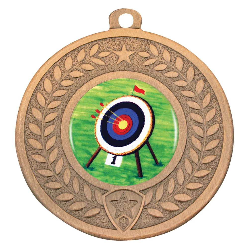Bronze archery medal with target insert centre, laurel wreath border and ribbon loop