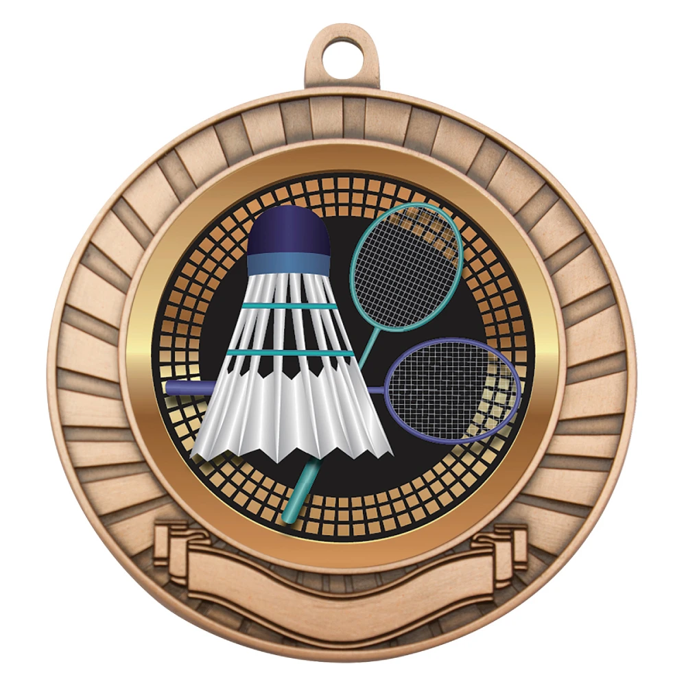 Bronze badminton medal with shuttlecock and rackets insert