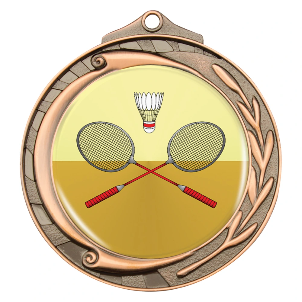 Round bronze medal features a full colour insert with crossed rackets and shuttlecock. Swirl and laurel border detail with textured outer edge. Includes top loop for ribbon attachment.