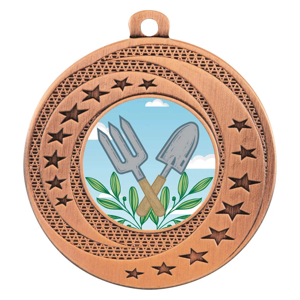 Bronze textured star gardening medal with circular insert featuring crossed hand fork and trowel with leaf detail and patterned outer ring