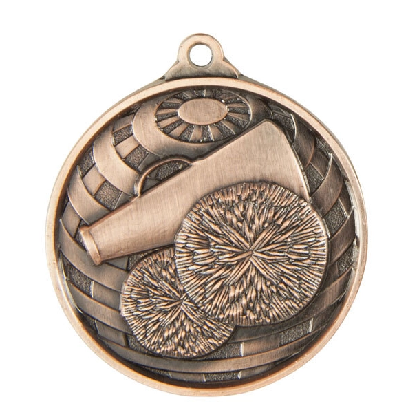 Bronze cheerleading medal with raised megaphone and pom poms design on textured background