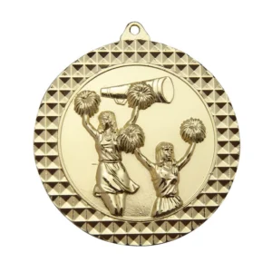 Gold cheerleading medal with raised cheerleaders holding pom poms and megaphone design