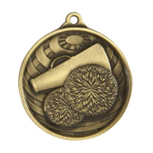 Gold cheerleading medal with raised megaphone and pom poms design on textured background