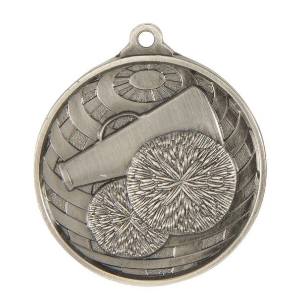 Silver cheerleading medal with raised megaphone and pom poms design on textured background