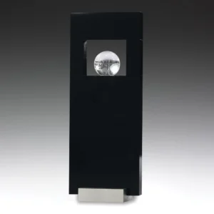 Crystal globe award in black panel design with metal base
