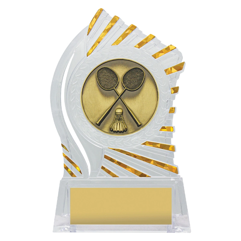 Clear and gold badminton acrylic trophy featuring circular insert with crossed rackets and shuttlecock on layered translucent frame with blank nameplate