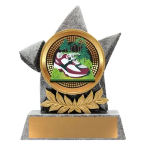 Cross country running trophy with shoe and outdoor scene emblem on star design base with engraving plate