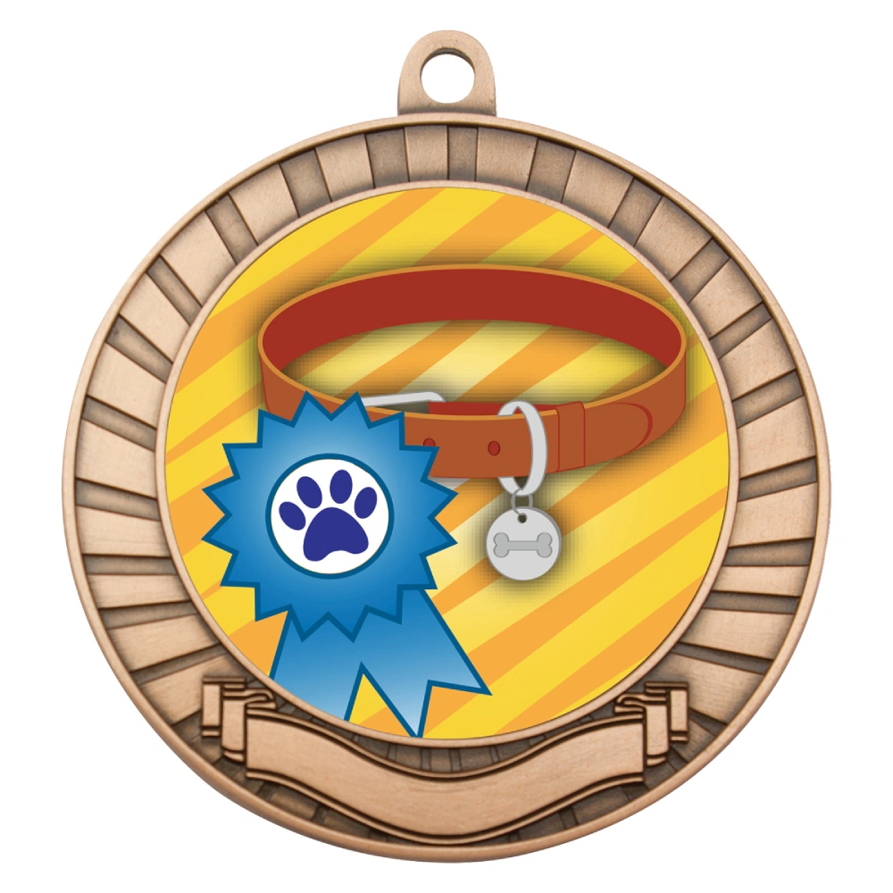 Bronze dog medal with ribbon banner border and centre insert showing collar and award ribbon design