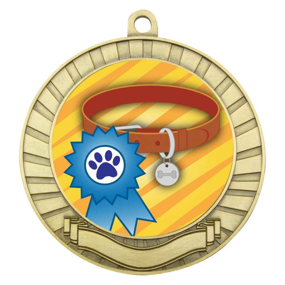Gold dog medal with ribbon banner border and centre insert showing collar and award ribbon design